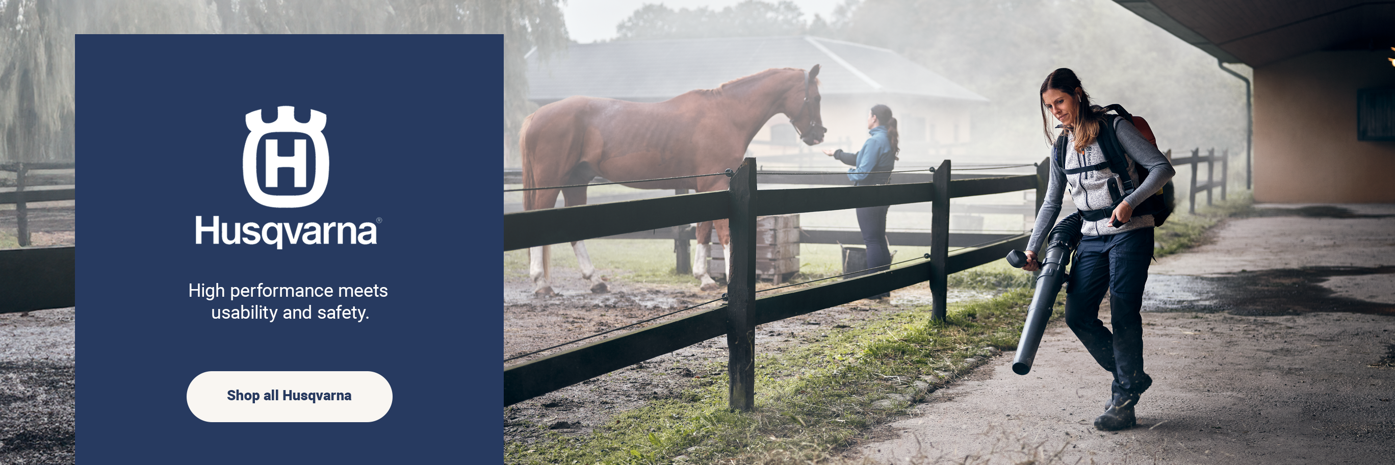 A person using a blower is shown. Shop all Husqvarna.