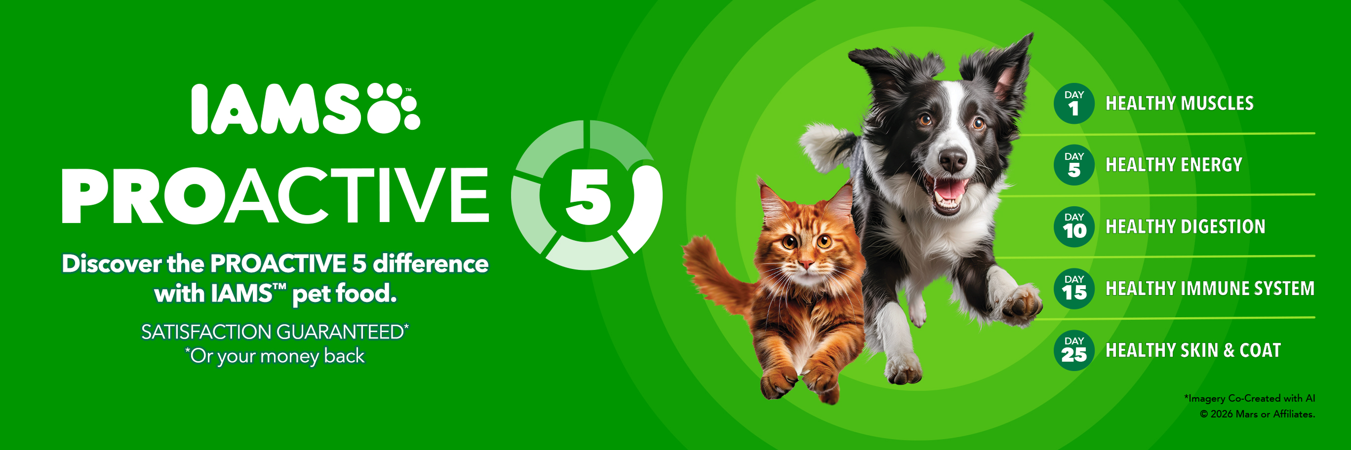 IAMS Proactive 5 pet food banner featuring a dog and cat. Text mentions benefits like healthy muscles, energy, digestion, immune system and skin and coat health.