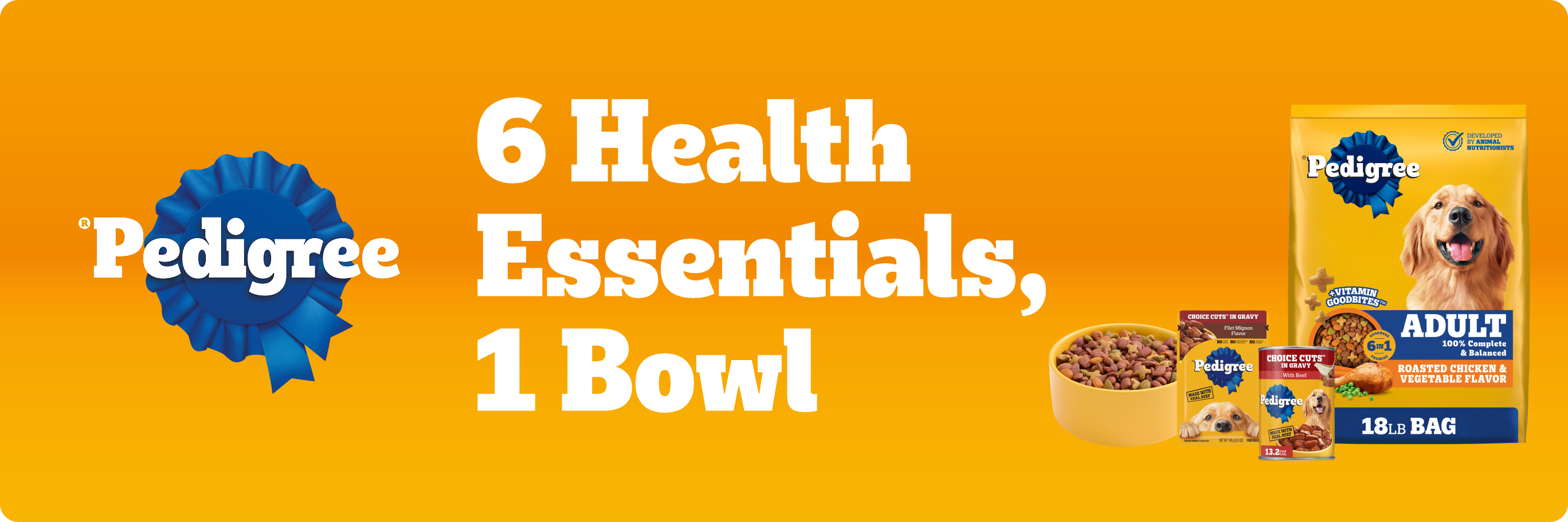 Pedigree banner for adult dog food reading, 6 health essentials, 1 bowl.