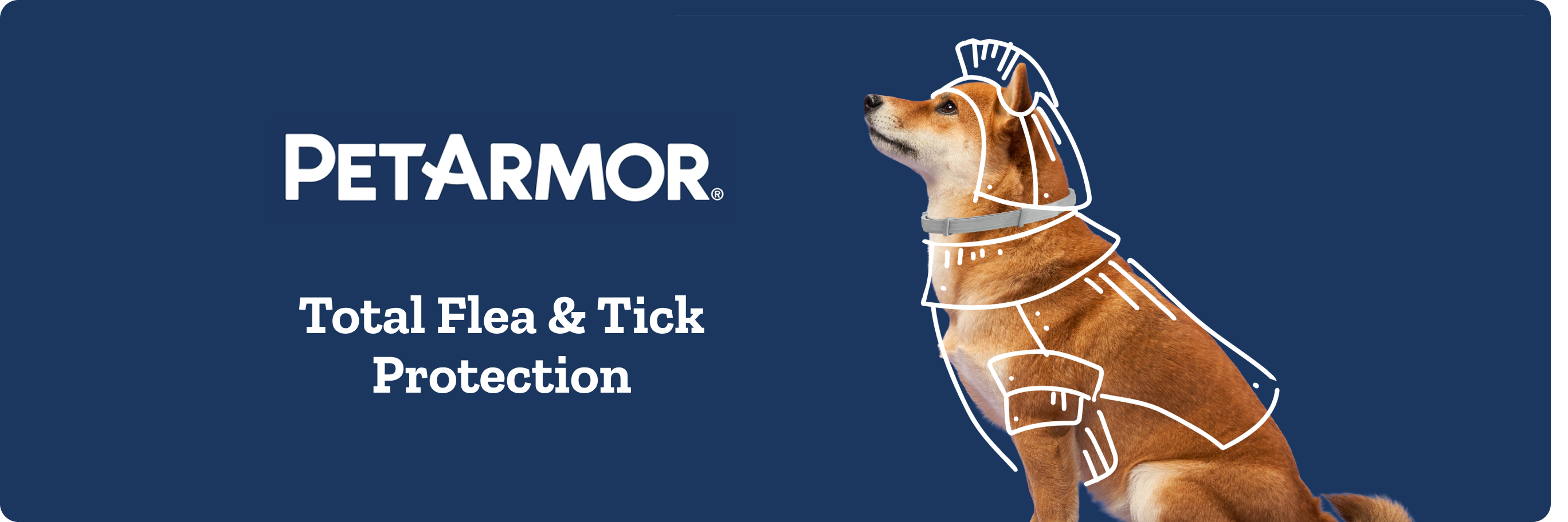 PetArmor banner with text, total flea and tick protection, with a dog wearing illustrated armor.