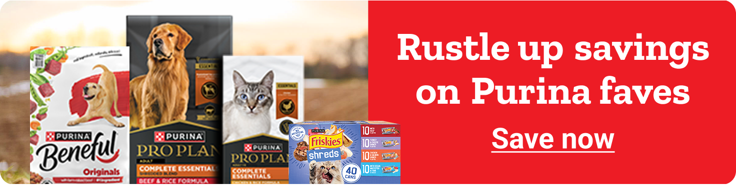 Purina banner with text Feed Their Freedom with Purina and look for in-store savings at your local Tractor Supply.