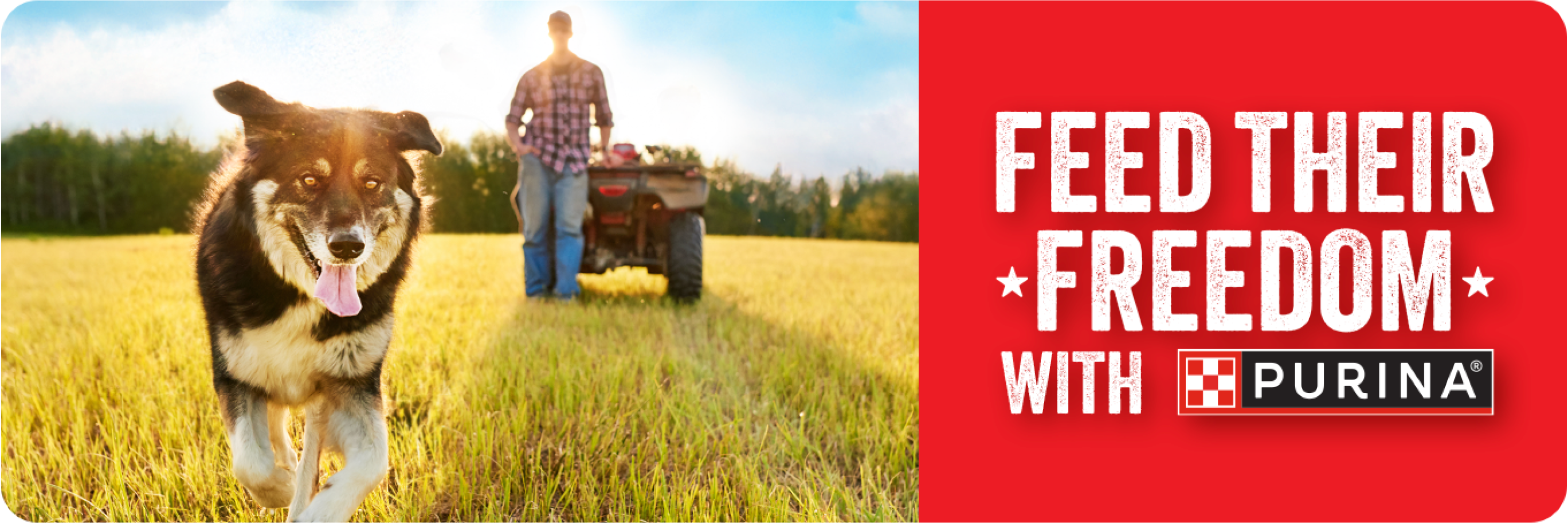 Purina banner with text, Feed Their Freedom with Purina, featuring a dog running in a field.