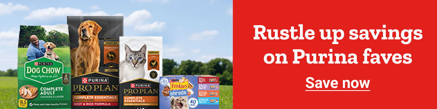 Banner reading, rustle up savings on Purina faves with a shop now button, and an image of pet food bags on the left and a man with a dog in a sunny field on the right.  