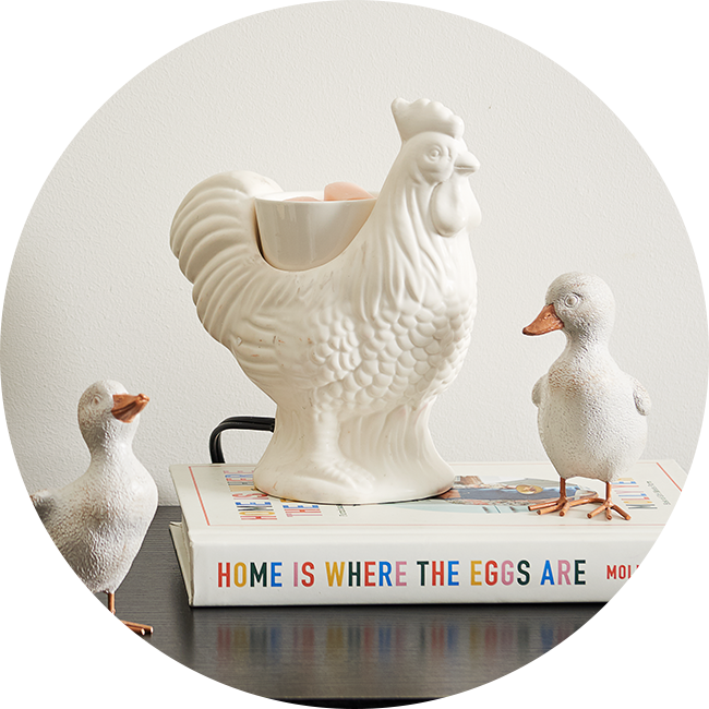 Category tile labeled Home Decor, featuring chicken figurines and farmhouse decor on a shelf. Shop now.
