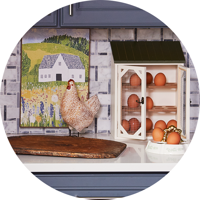 Category tile labeled Kitchen & Dining, featuring chicken-themed kitchen decor and an egg holder. Shop now.