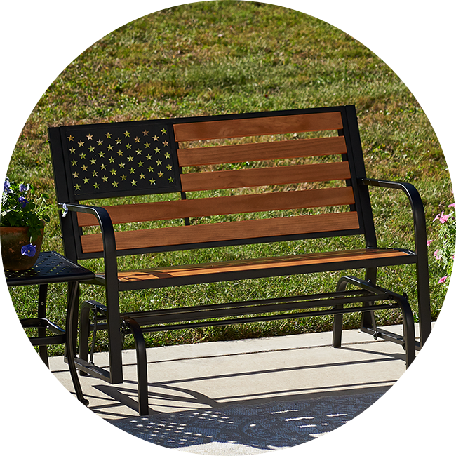 Category tile labeled Patio Furniture, featuring a wooden outdoor bench. Shop now.
