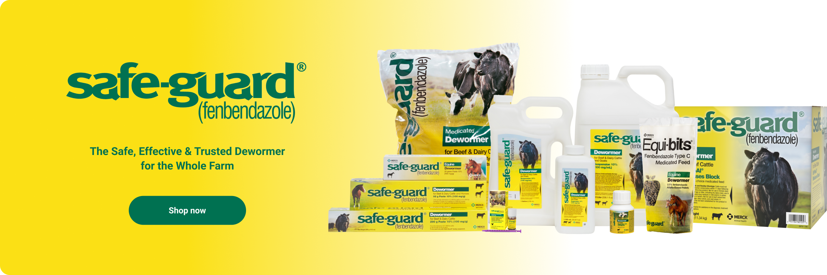 A banner for Safe-Guard, the safe, effective, trusted dewormer for the whole farm and a shop now button.