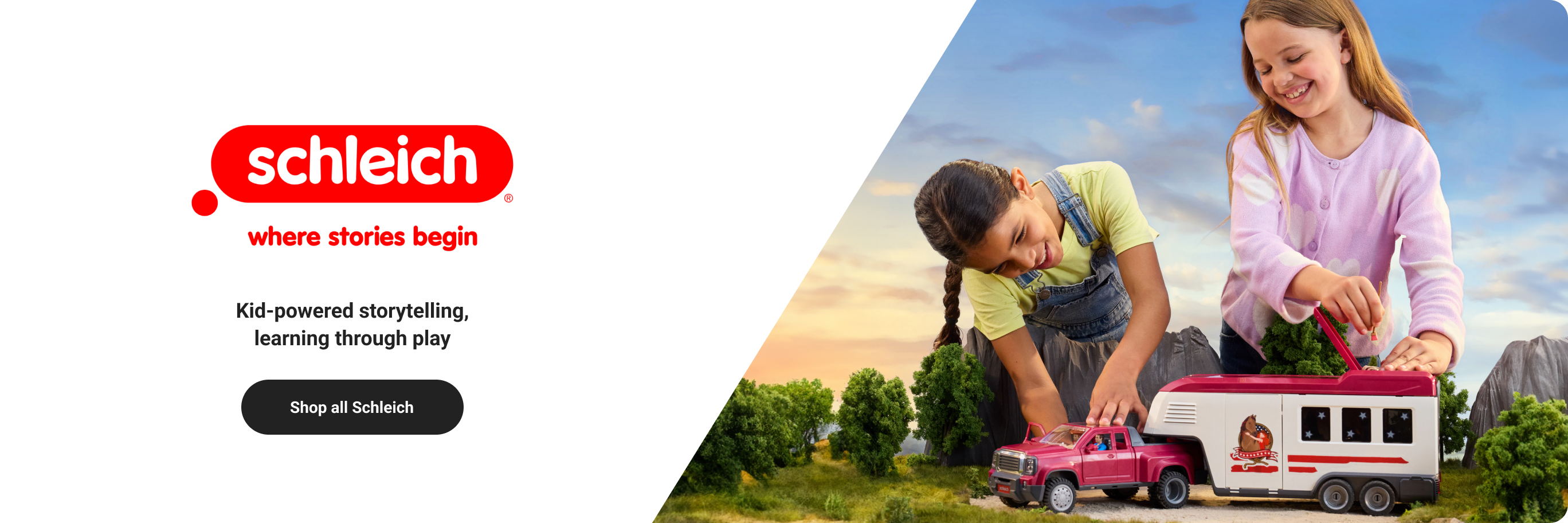 Two girls playing with Schleich toys. Schleich, where stories begin. Kid-powered storytelling, learning through play