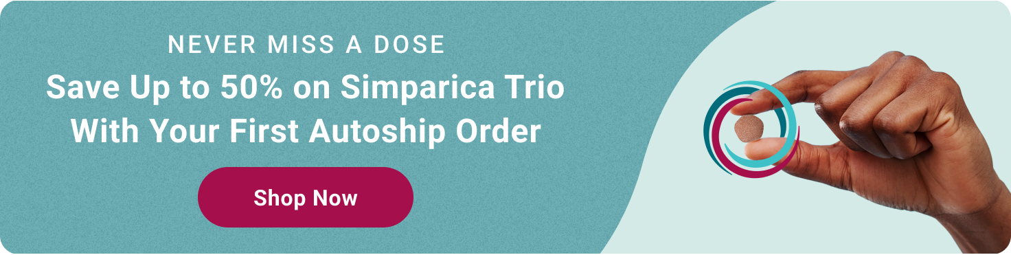 Simparica banner with the text, NEVER MISS A DOSE. Save Up to 50 percent on Simparica Trio with your first Autoship order. 