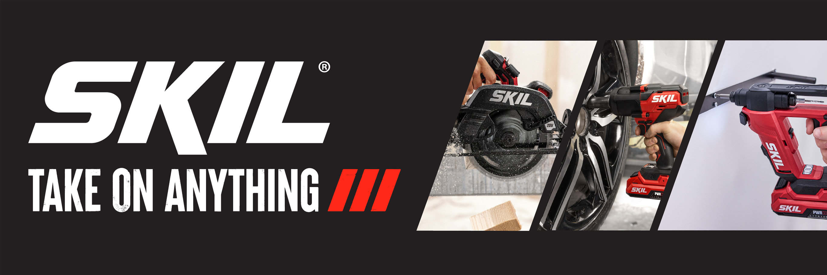 Promotional banner for Skil, with the text, Skil take on anything. 