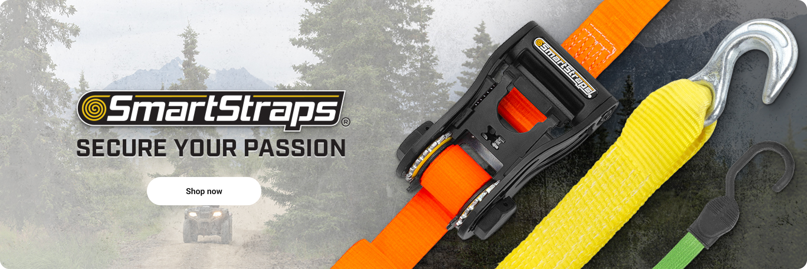 Split banner with 3 colorful straps and a jeep on a back road. Smart straps. Secure your passion. Shop now. 