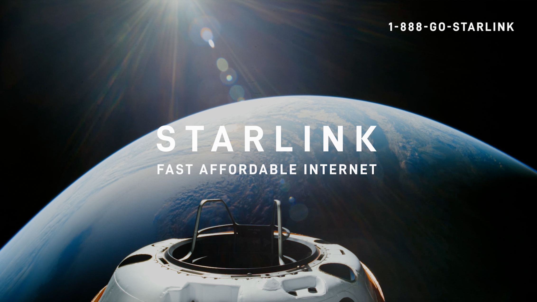 Promotional video with the headline, Starlink, fast affordable internet. 1-888-go-starlink.