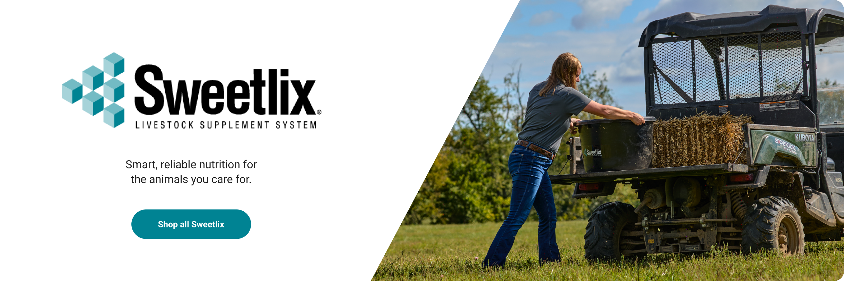 A person loading a bale of hay on a tractor. Text, Sweetlix. Shop smart, reliable nutrition for the animals you care for. 
