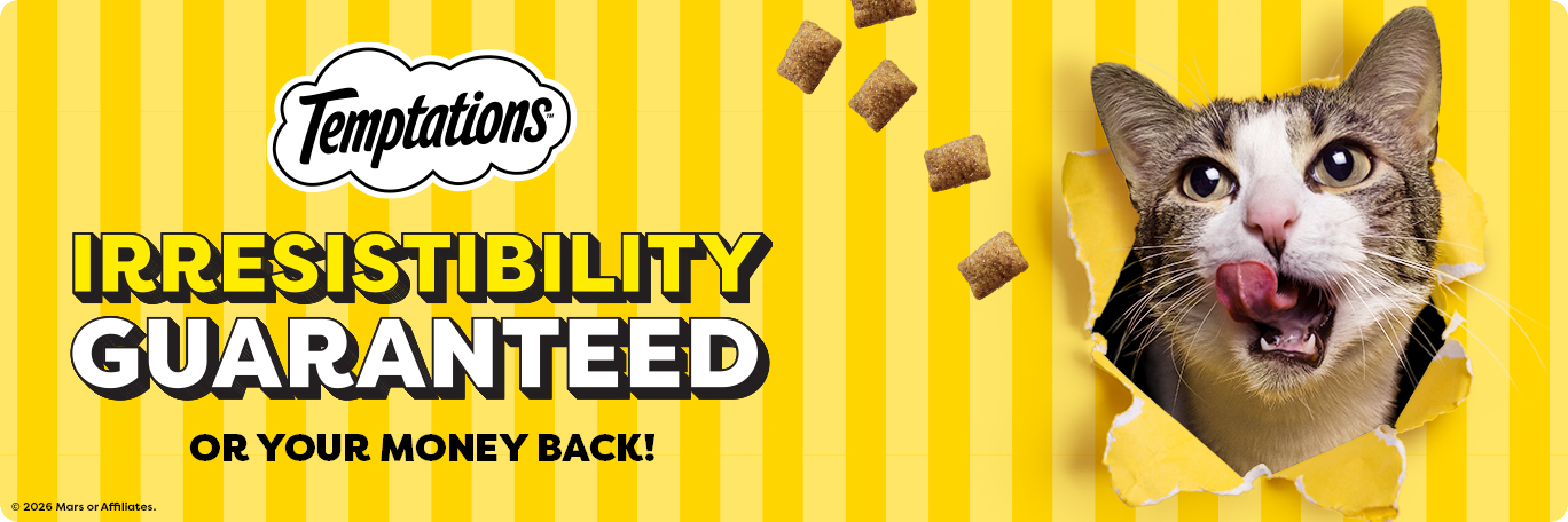 Temptations cat treats banner with the text, Irresistibility Guaranteed or your money back, featuring a cat and falling treats.