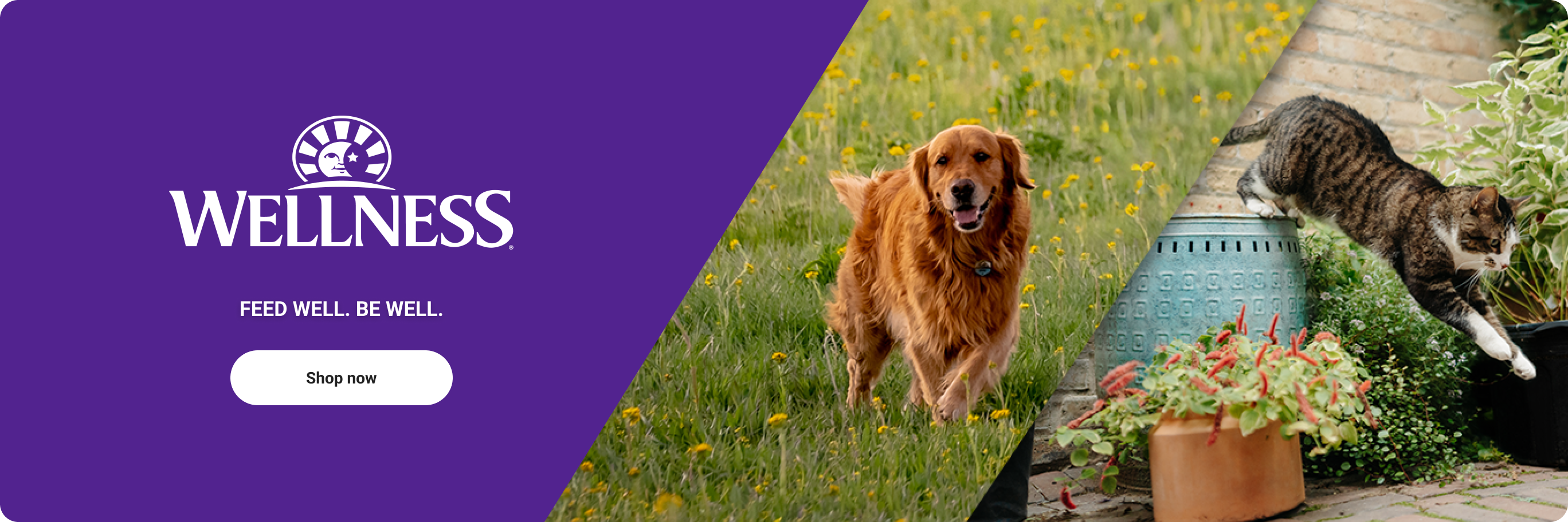 Wellness brand pet food logo. Feed well, be well. Shop now.