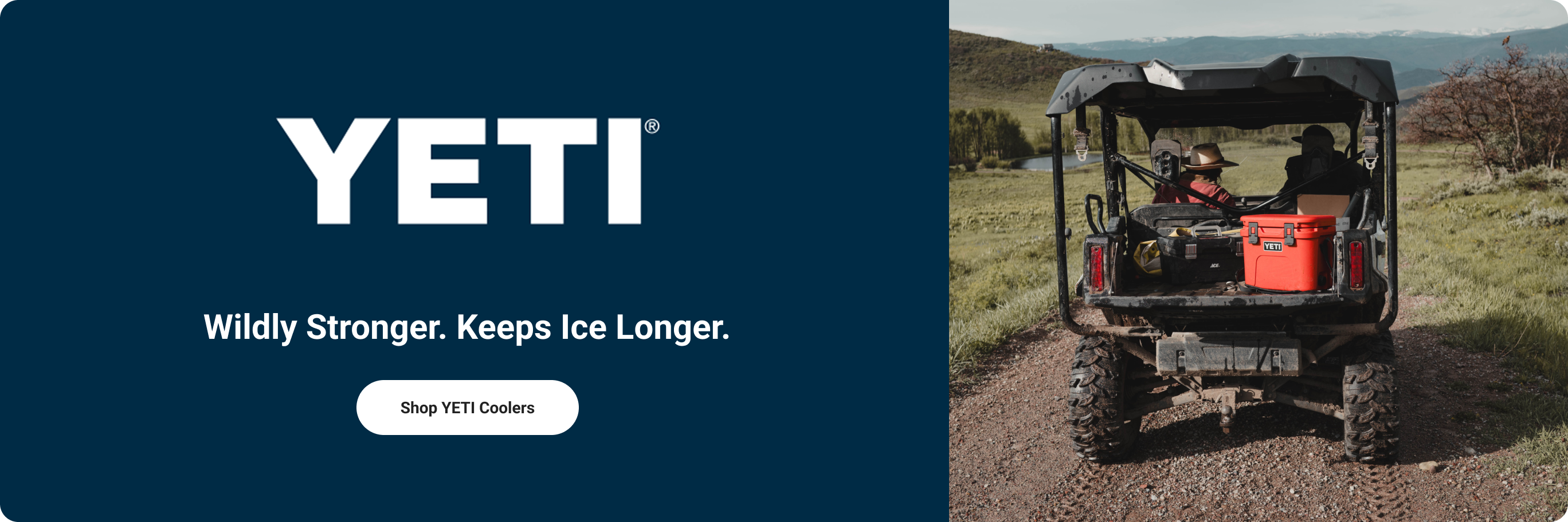 YETI at Tractor Supply banner reading Wildly Stronger. Keeps Ice Longer, featuring a man carrying a cooler and a Shop YETI Coolers button.