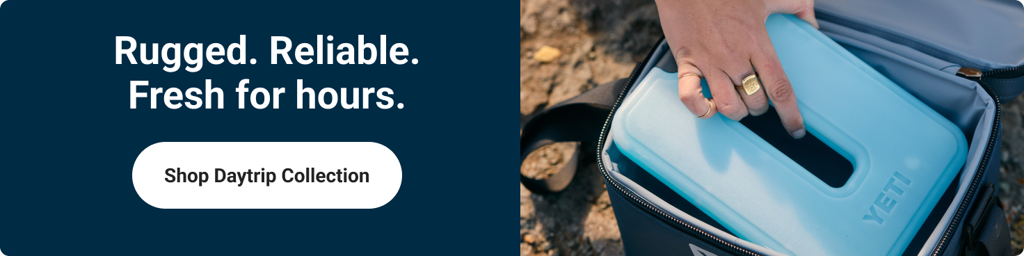 YETI at Tractor Supply banner reading Rugged. Reliable. Fresh for hours, featuring a cooler and a Shop Daytrip Collection button.