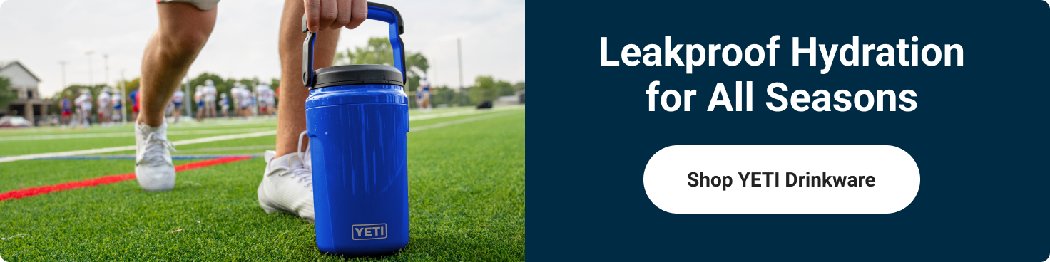 YETI at Tractor Supply banner reading Leakproof Hydration for All Seasons, featuring a water bottle and a Shop YETI Drinkware button. 