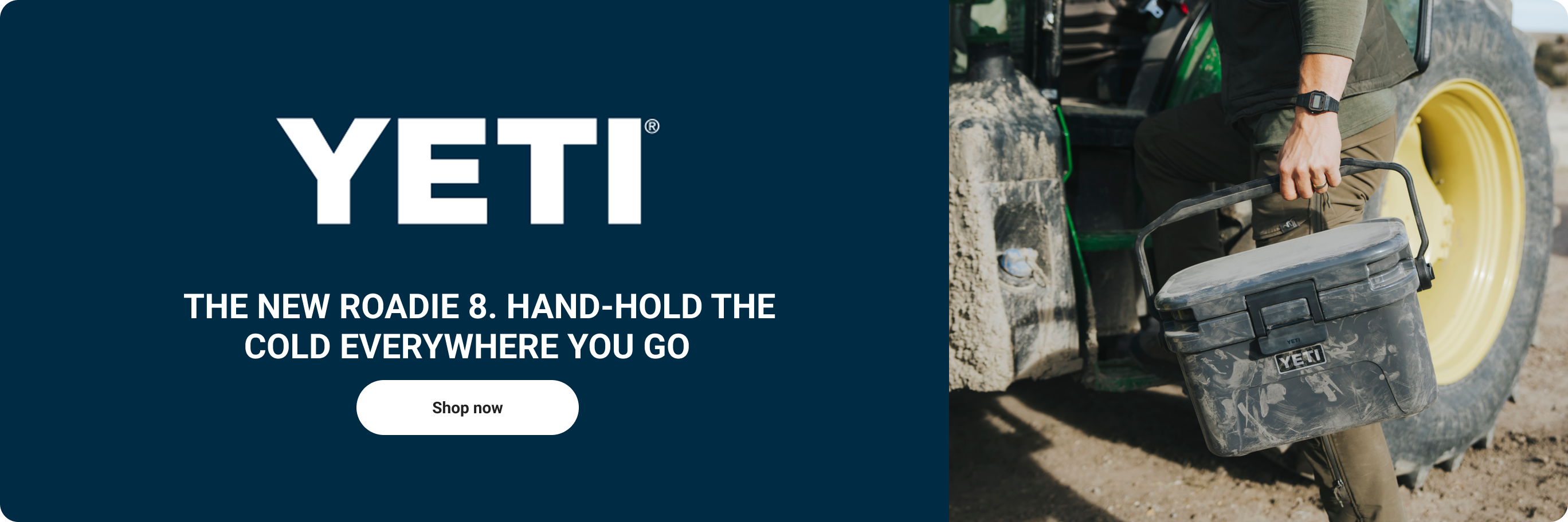 YETI at Tractor Supply banner reading Wildly Stronger. Keeps Ice Longer, featuring a man carrying a cooler and a Shop YETI Coolers button.
