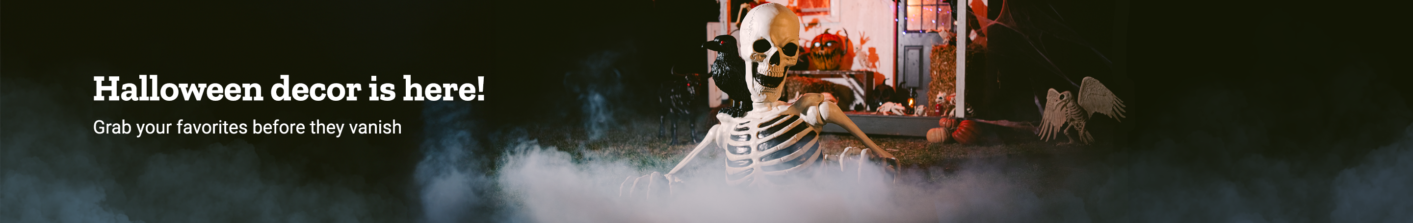 Promotional banner reading, Halloween decor is here! Grab your favorites before they vanish. Shop now.