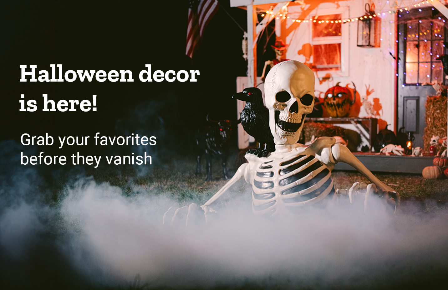 Promotional banner reading, Halloween decor is here! Grab your favorites before they vanish. Shop now.