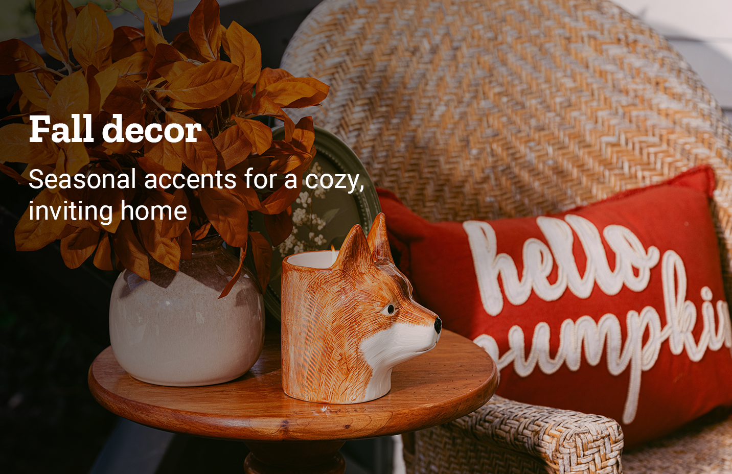 Promotional banner announcing fall decor. Seasonal accents for a cozy, inviting home. Shop now. 