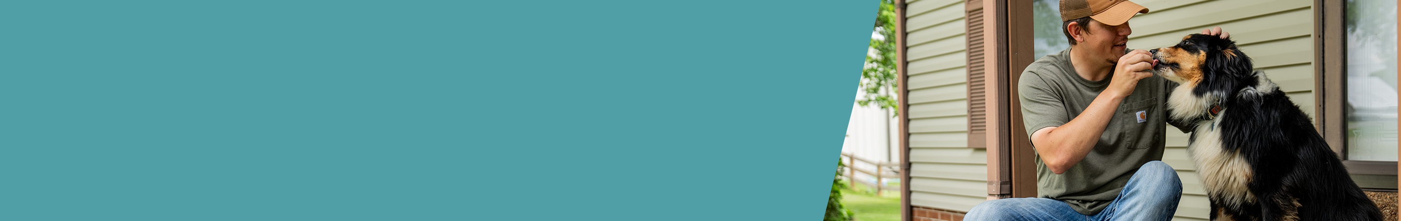 A man with a dog; text, now available! Medications that fit their needs. Learn more.