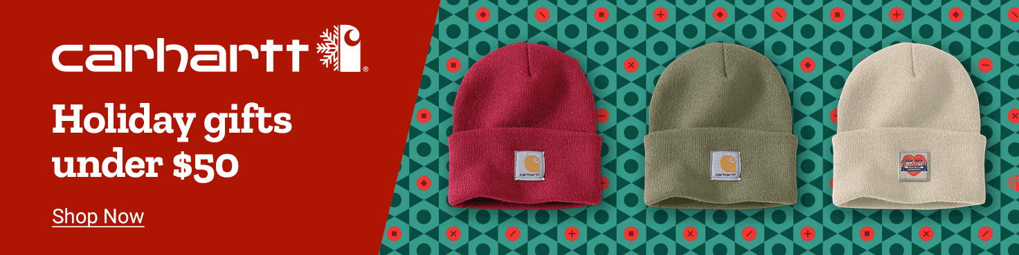 Carhartt beanies beside the words "Carhartt holiday gifts under 50 dollars. Shop now."