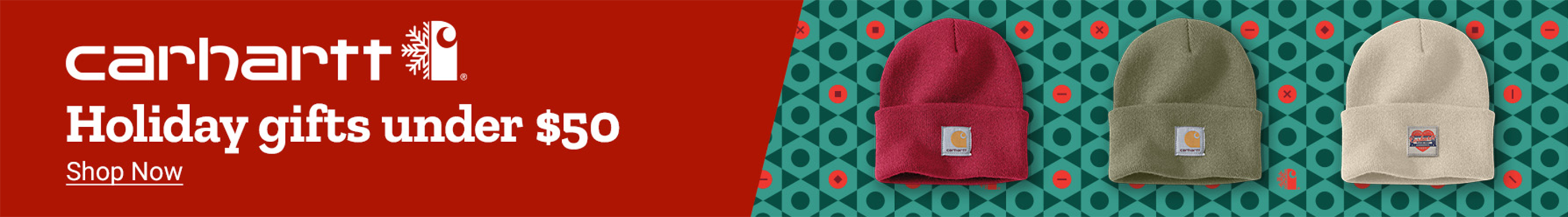 Carhartt beanies beside the words "Carhartt holiday gifts under 50 dollars. Shop now."
