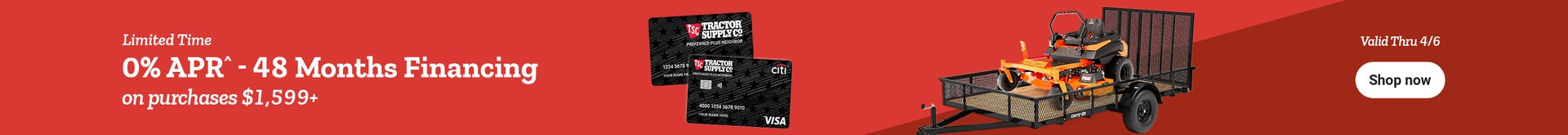 Banner promoting 0 percent APR 48 months financing on purchases 1,599 dollars or more with a Shop now button and trailer with mower.