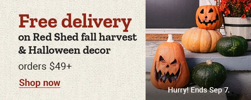 Promotional banner for free delivery on Red Shed fall harvest and Halloween decor orders 49 dollars or more. Hurry! Ends September 7. Shop now.