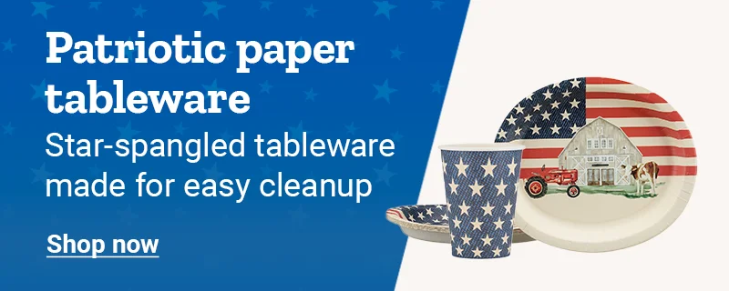 Banner reading patriotic paper tableware, star-spangled tableware made for easy cleanup, featuring patriotic plates and cups with a shop now button.