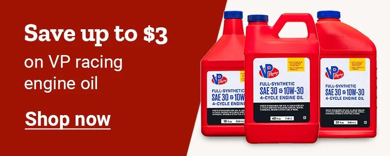 Banner reading save up to 3 dollars on VP racing engine oil, featuring engine oil containers and a shop now button.