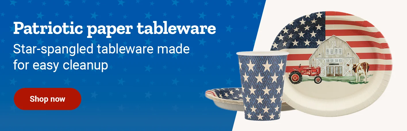 Banner reading patriotic paper tableware, star-spangled tableware made for easy cleanup, featuring patriotic plates and cups with a shop now button.