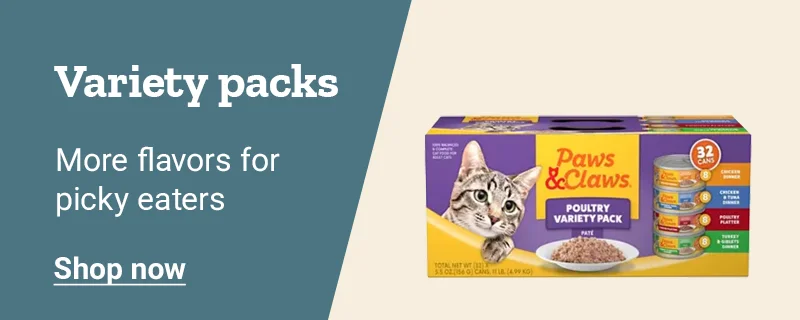 Promo banner for Paws & Claws variety packs. Shop now