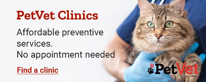 Banner reading PetVet clinics. Affordable preventative services. No appointment needed. Find a clinic.