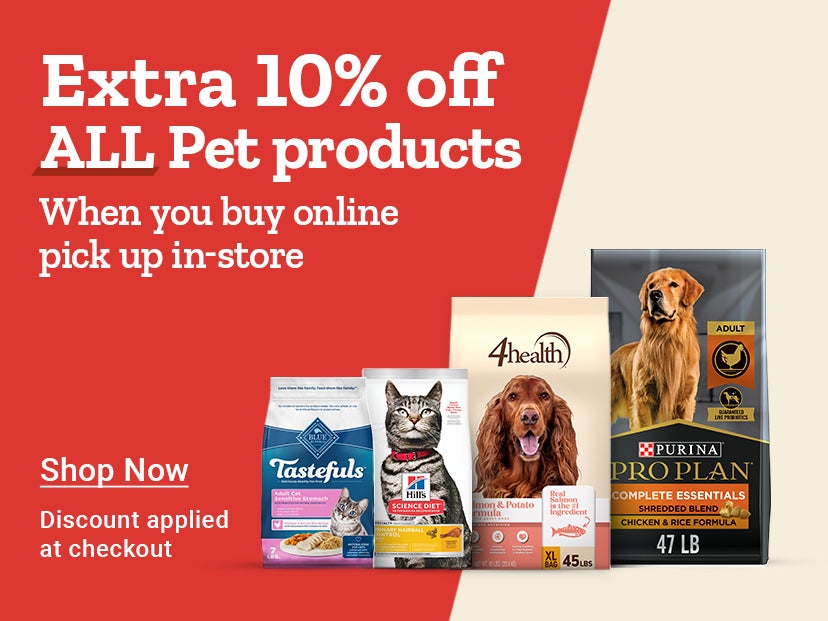 Tractor Supply Company promotion. Extra 10 percent off all pet products when you buy online and pick up in store. Discount applied at checkout. Image shows pet food brands including Blue Tastefuls, Hill's Science Diet, 4health, and Purina Pro Plan. Shop N