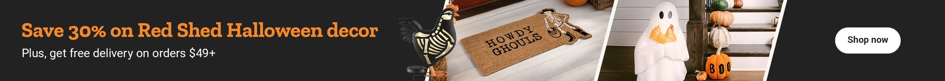 Halloween decorations are shown. Banner reads, save 30 percent. Plus, get free delivery on orders 49 dollars or more. Shop now.