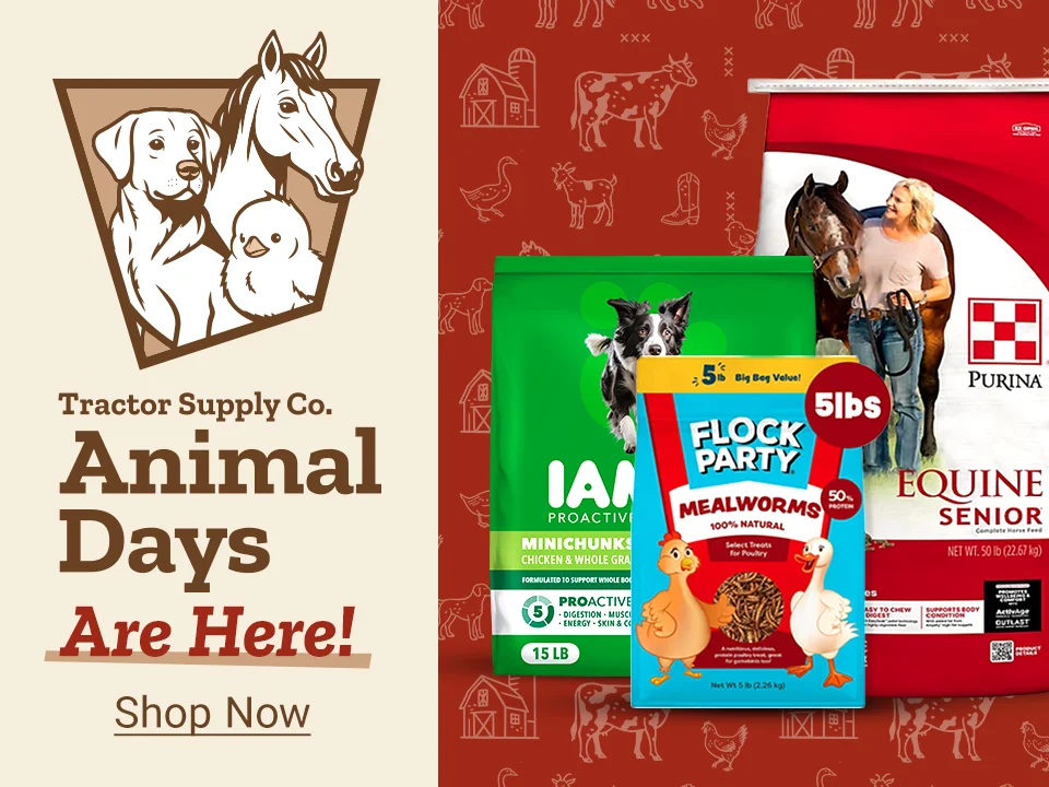 Tractor Supply Animal Days are here, featuring IAMS Proactive Health dog food, Flock Party mealworms for poultry, Purina Equine Senior horse feed, and Hill's Science Diet cat food.