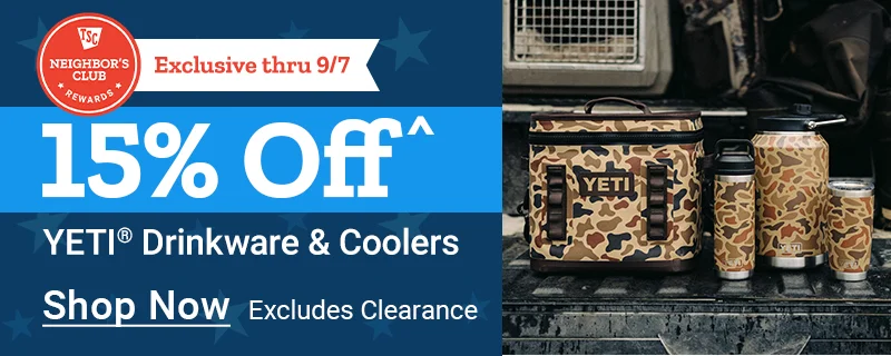 Neighbor's Club members receive 15% off select YETI drinkware and coolers through September 7, 2026. Excludes Clearance. Shop now