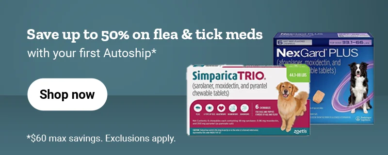 Banner with the promotion, save 50 percent on flea and tick meds with your first Autoship. 50 dollars max savings. Shop now.