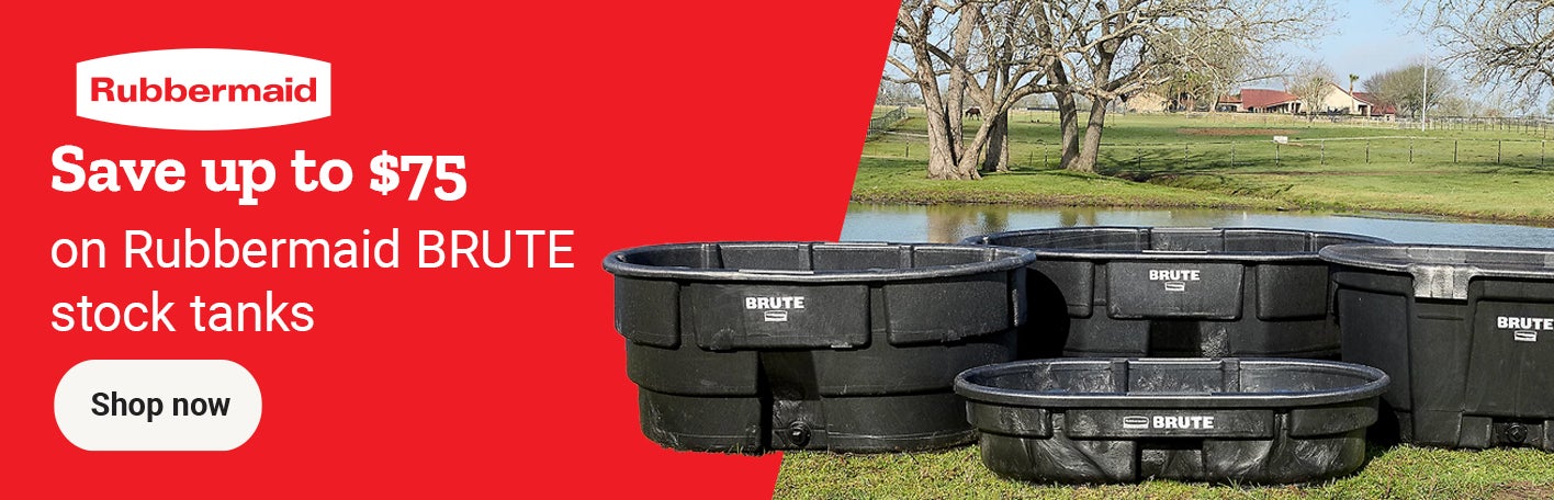 Rubbermaid promo banner with text, save up to 75 dollars on BRUTE stock tanks with a Shop now button.