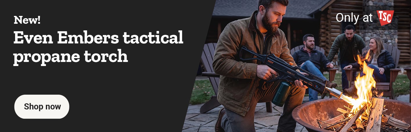 Banner reading New! Even Embers tactical propane torch, featuring people around a fire pit and a Shop now link.