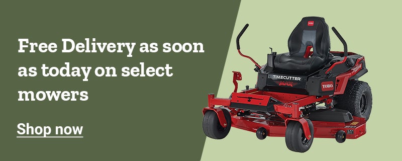 Banner with promotion, Free Delivery as soon as today on select mowers. Choose Same or Next Day Delivery in cart. 