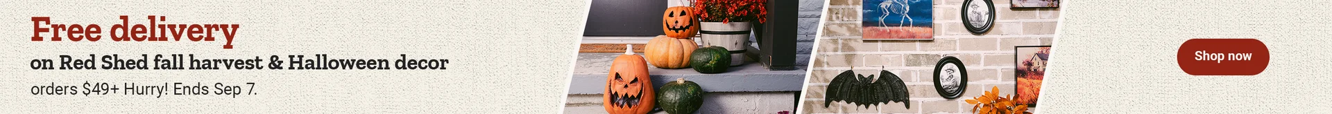 Promotional banner for free delivery on Red Shed fall harvest and Halloween decor orders 49 dollars or more. Hurry! Ends September 7. Shop now.