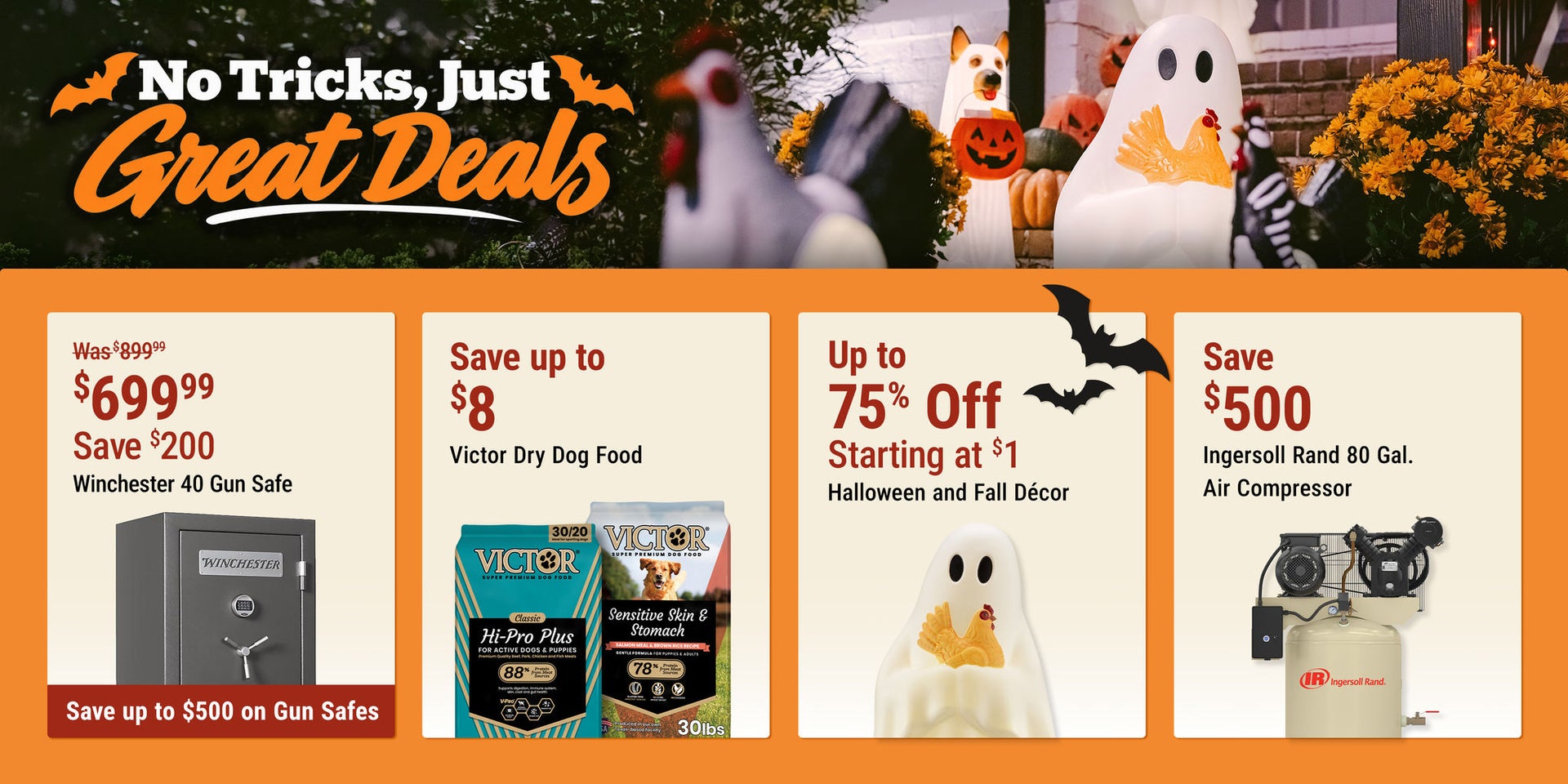 No Tricks, Just Great Deals: Winchester 40 Gun Safe now $699.99, save $200, plus up to $500 off gun safes. Save $3 on cattle fence panels, up to 75% off Halloween and fall decor starting at $1, and $500 on Ingersoll Rand 80-gallon air compressor.