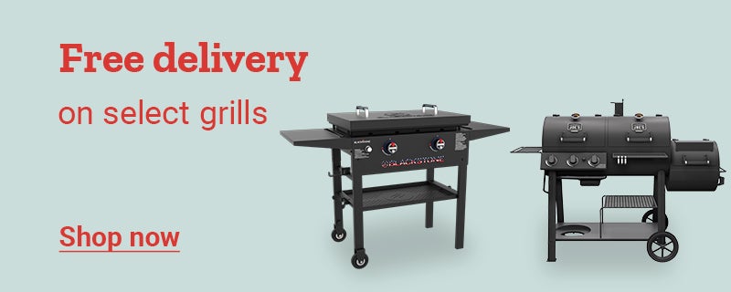 Promotional banner reading, free delivery on select grills. Shop now.