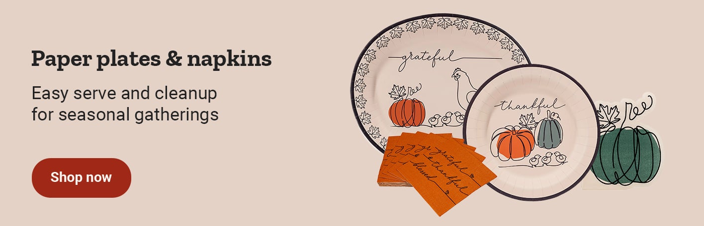 Promotional banner for paper plates and napkins. Easy serve and cleanup for seasonal gatherings. Shop now. 