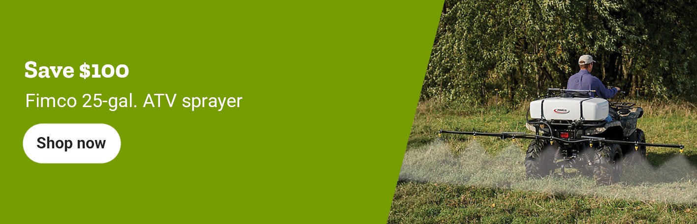 Banner reading Save up to 20 dollars on RM43 grass and weed killer, featuring a man spraying weeds near a fence and a shop now button.