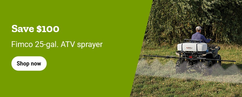Banner reading Save up to 20 dollars on RM43 grass and weed killer, featuring a man spraying weeds near a fence and a shop now button.